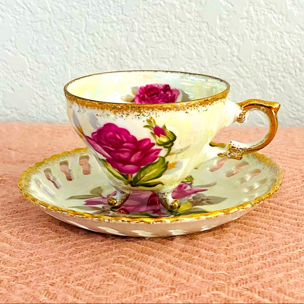 Vintage teacup and saucer, hot pink flowers